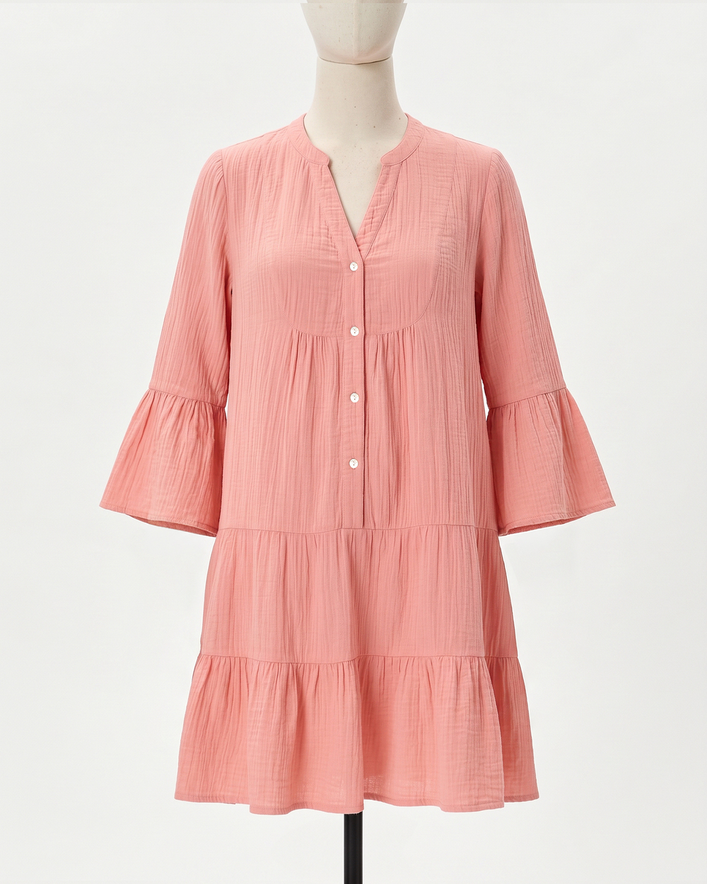 100% Organic Cotton Gauze Long Sleeve Tiered Mini Dress